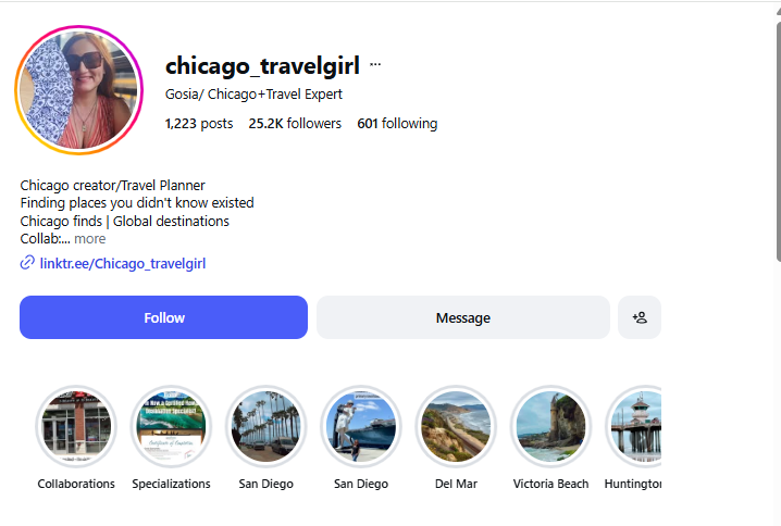 Chicago Travel Girl profile at 25.2 thousand followers