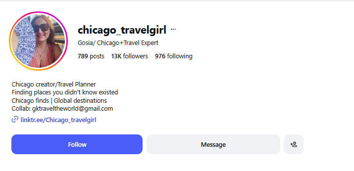Chicago Travel Girl profile at 13 thousand followers