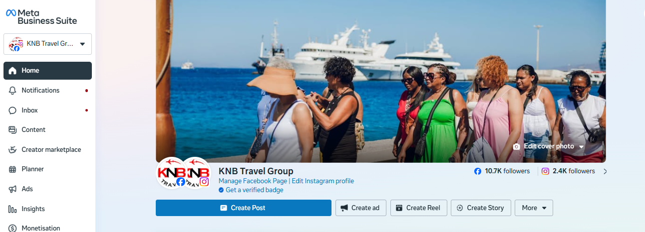 KNB Travel Group audience dashboard showing 10.7 thousand Facebook followers and 2.4 thousand Instagram followers