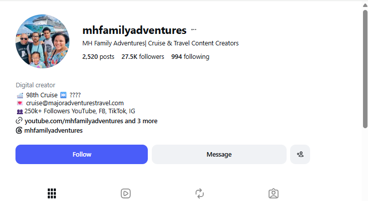 MH Family Adventures profile at 27.5 thousand followers