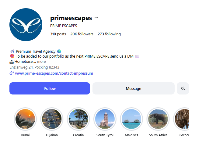Prime Escapes profile at 20 thousand followers