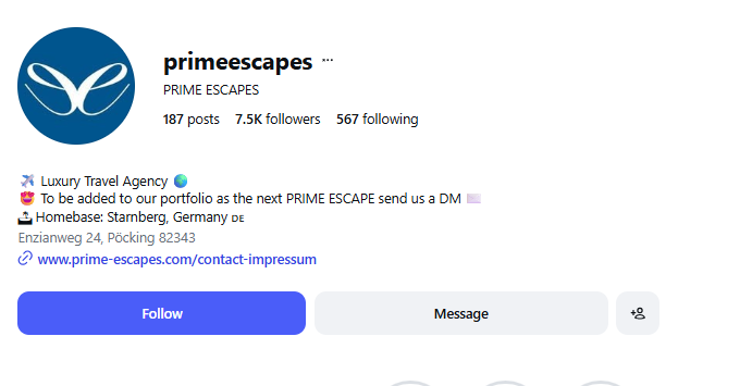 Prime Escapes profile at 7.5 thousand followers