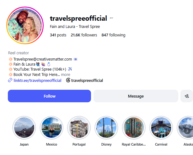 Travel Spree Instagram profile at 21.6 thousand followers